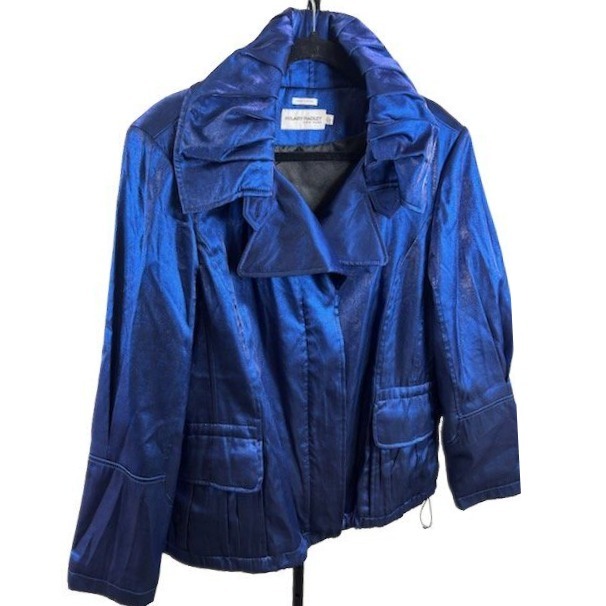 Hilary Radley New York Women's Size Xl Metallic Blue Jacket Coat Pleated Collar